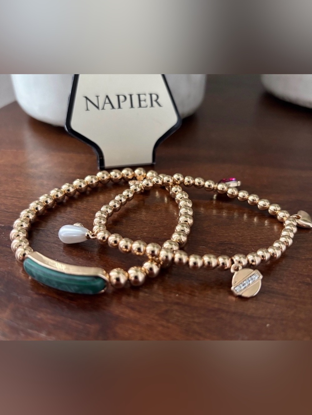 Napier Jade Green Rectangle Bar w/ Goldtone beads,various charms on 2nd, stretch